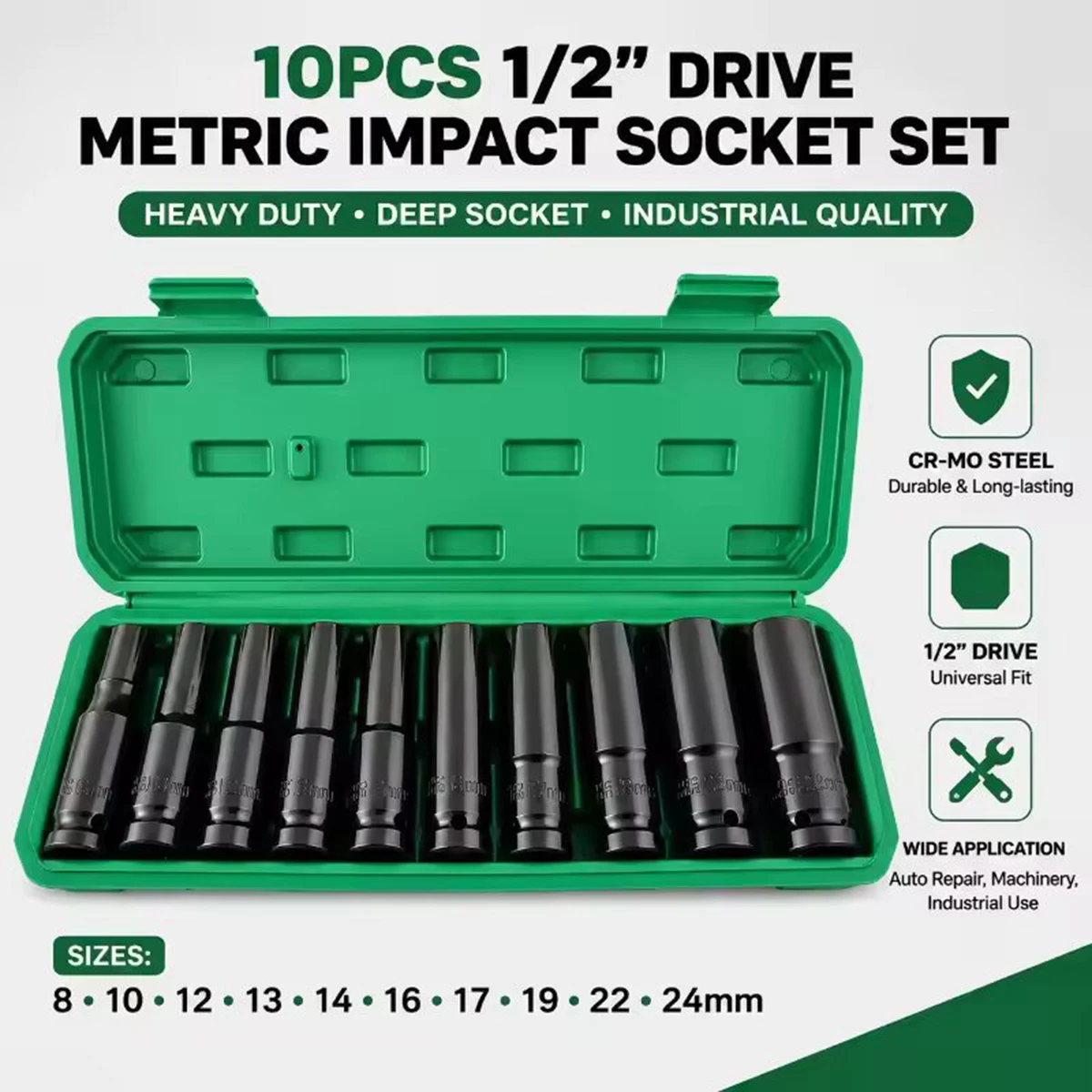 Impact Wrench Socket Set Deep - Set di 10 Chiavi a Bussola